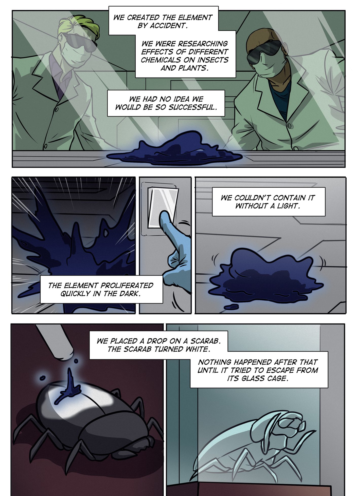 Bonus Material, page 1: Two masked scientists study a dark blue blob on a lab bench, a light switch is pressed, and a drop turns a black scarab white inside a glass cage.
