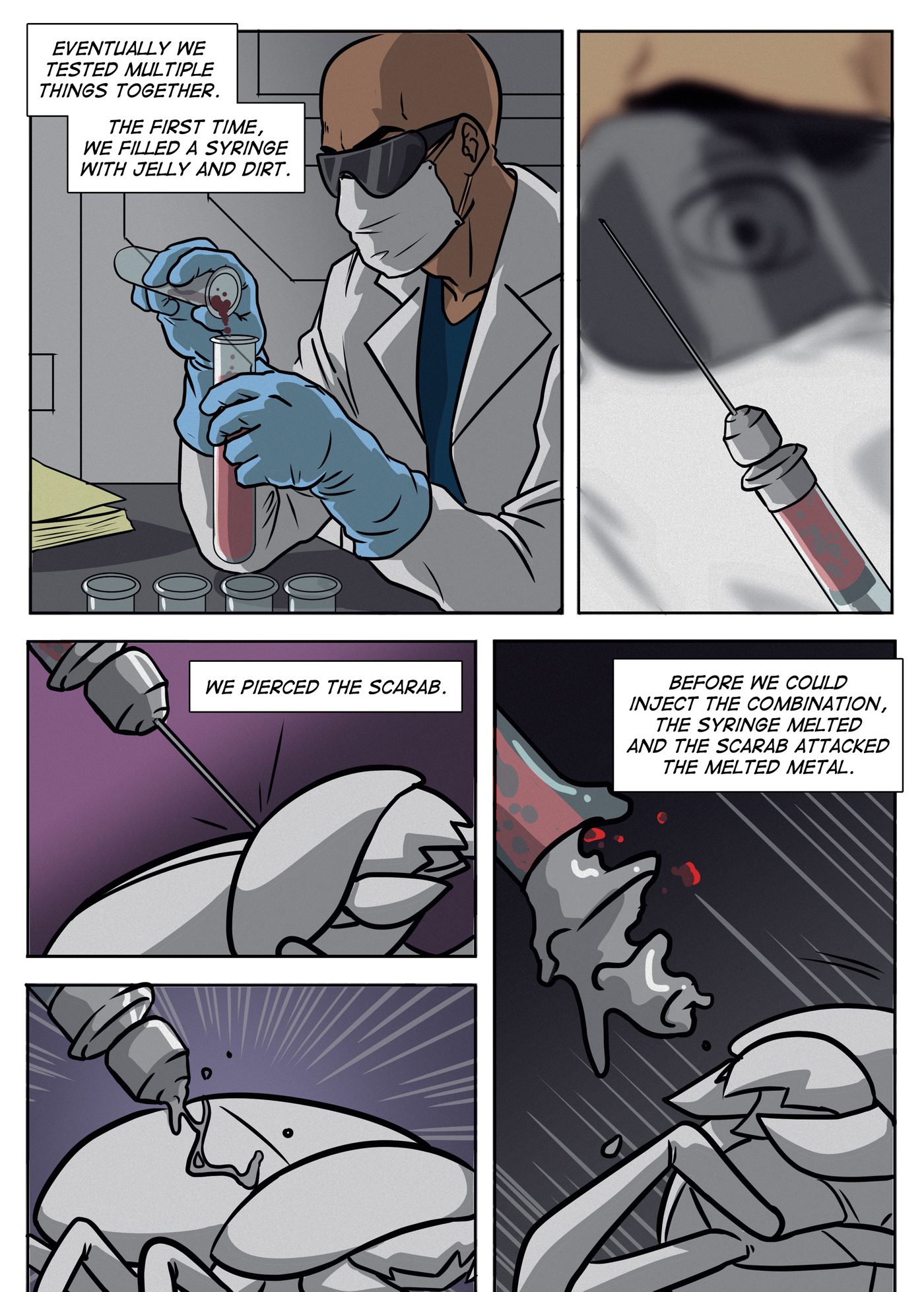 Bonus Material, page 3: Heru in a mask and goggles fills a syringe with jelly and dirt, pierces a white scarab, and the syringe melts as the scarab attacks the metal.