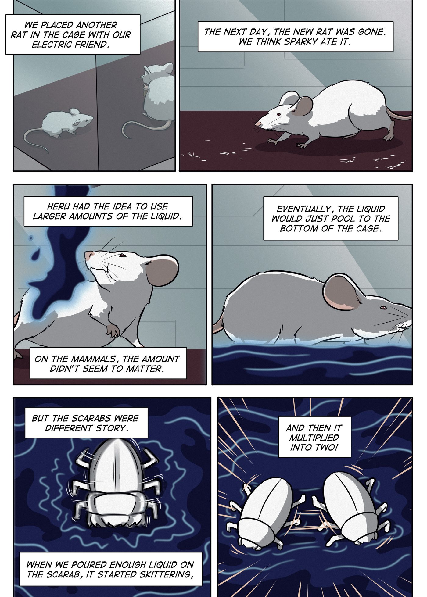 Bonus Material, page 6: Two rats share a cage, then only one remains; a rat is doused in blue liquid that pools beneath it, and a scarab in the liquid splits into two.