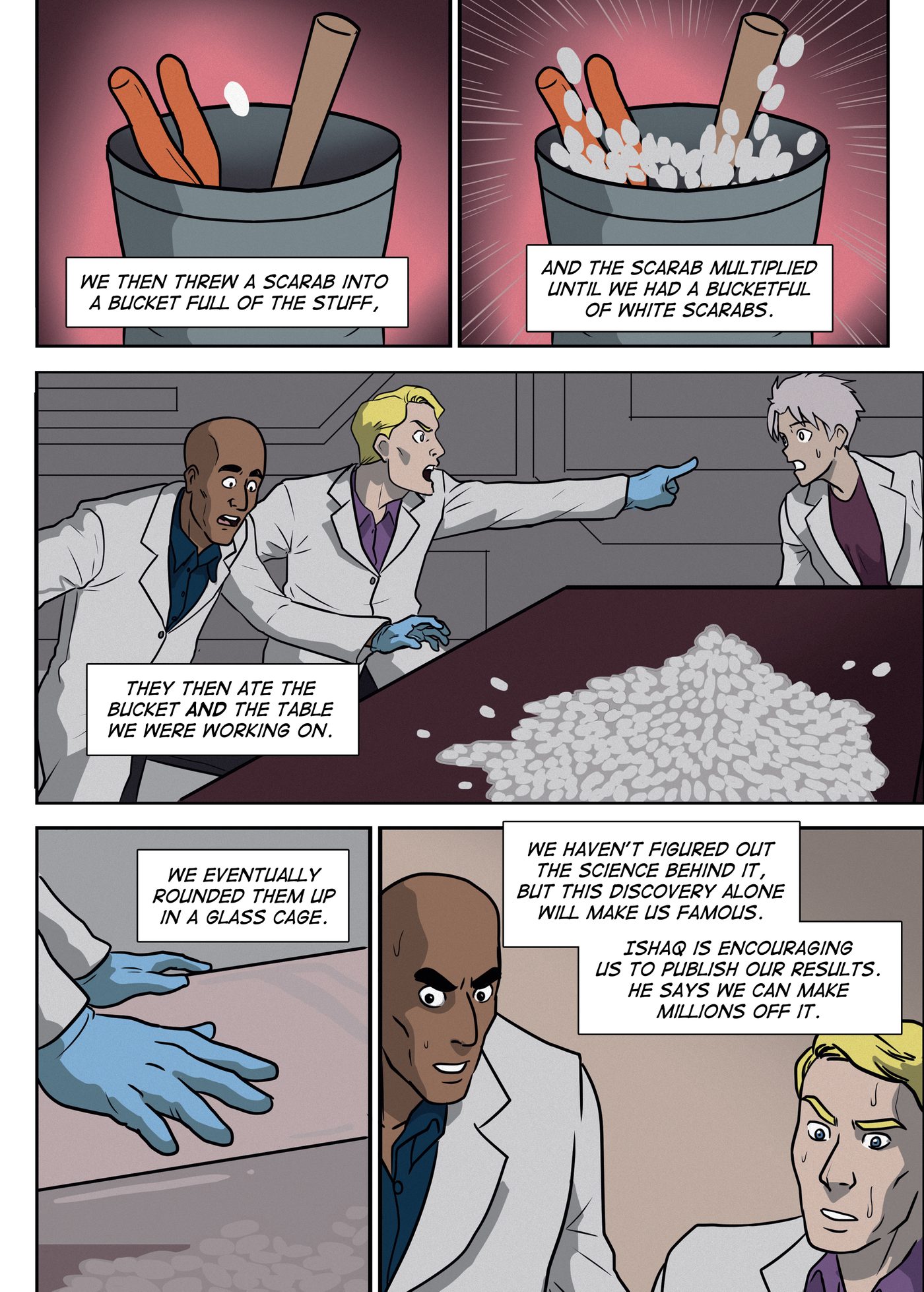 Bonus Material, page 7: A scarab thrown into a bucket multiplies into a heap; Heru, Qeb, and Ishaq react to a pile of scarabs on the table, then round them up in a glass cage.