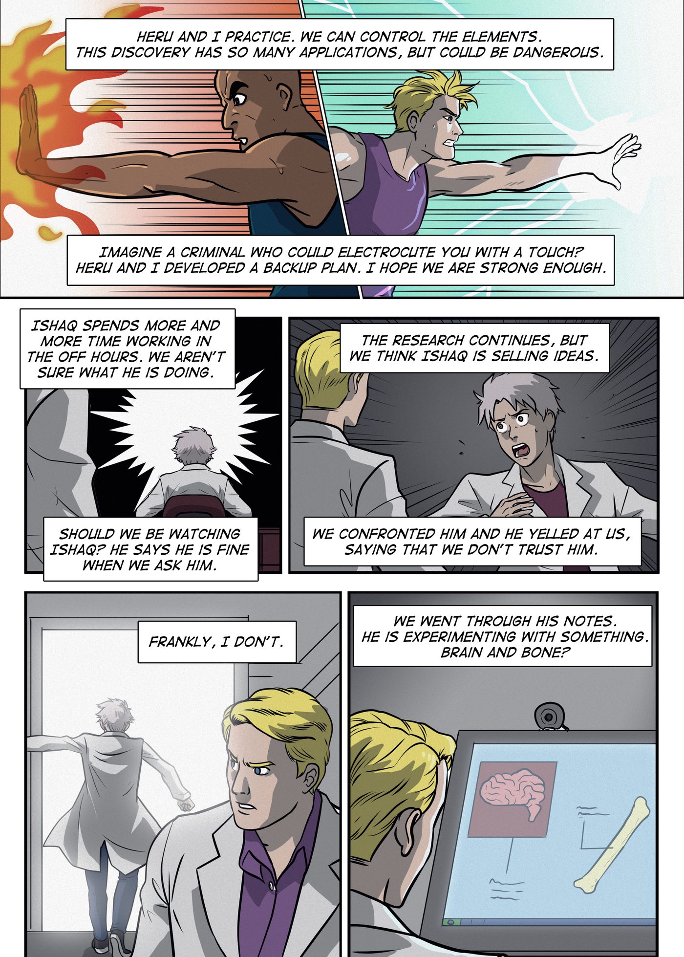 Bonus Material, page 10: Heru throws fire and Qeb lightning in practice; Ishaq works alone at a glowing screen, yells at them, storms out, and Qeb reads his notes on a brain and bone.