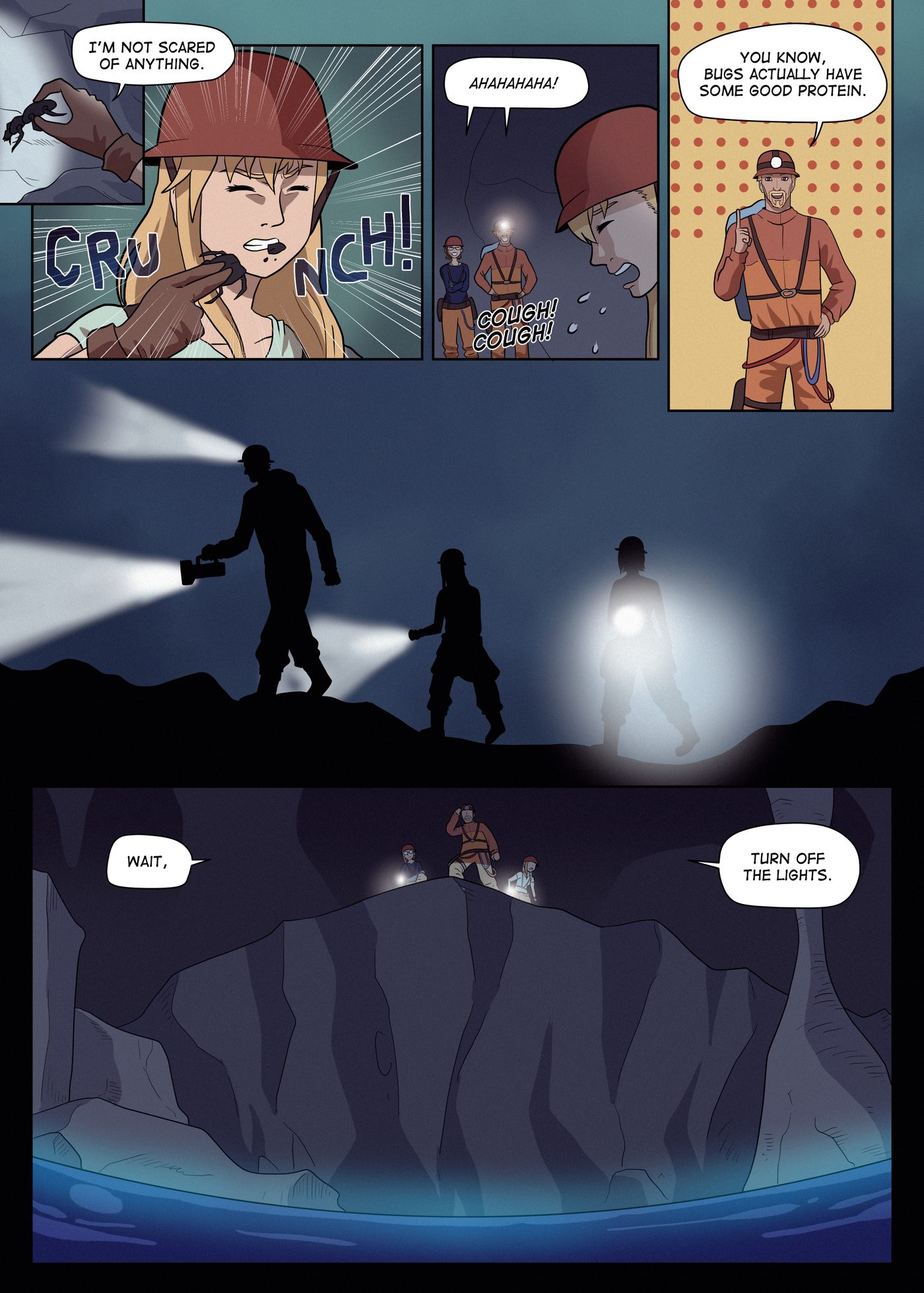 Chapter 1, page 3: Lily defiantly bites a beetle and coughs while the bearded man laughs; the trio then walks in silhouette over a ridge above an underground lake.
