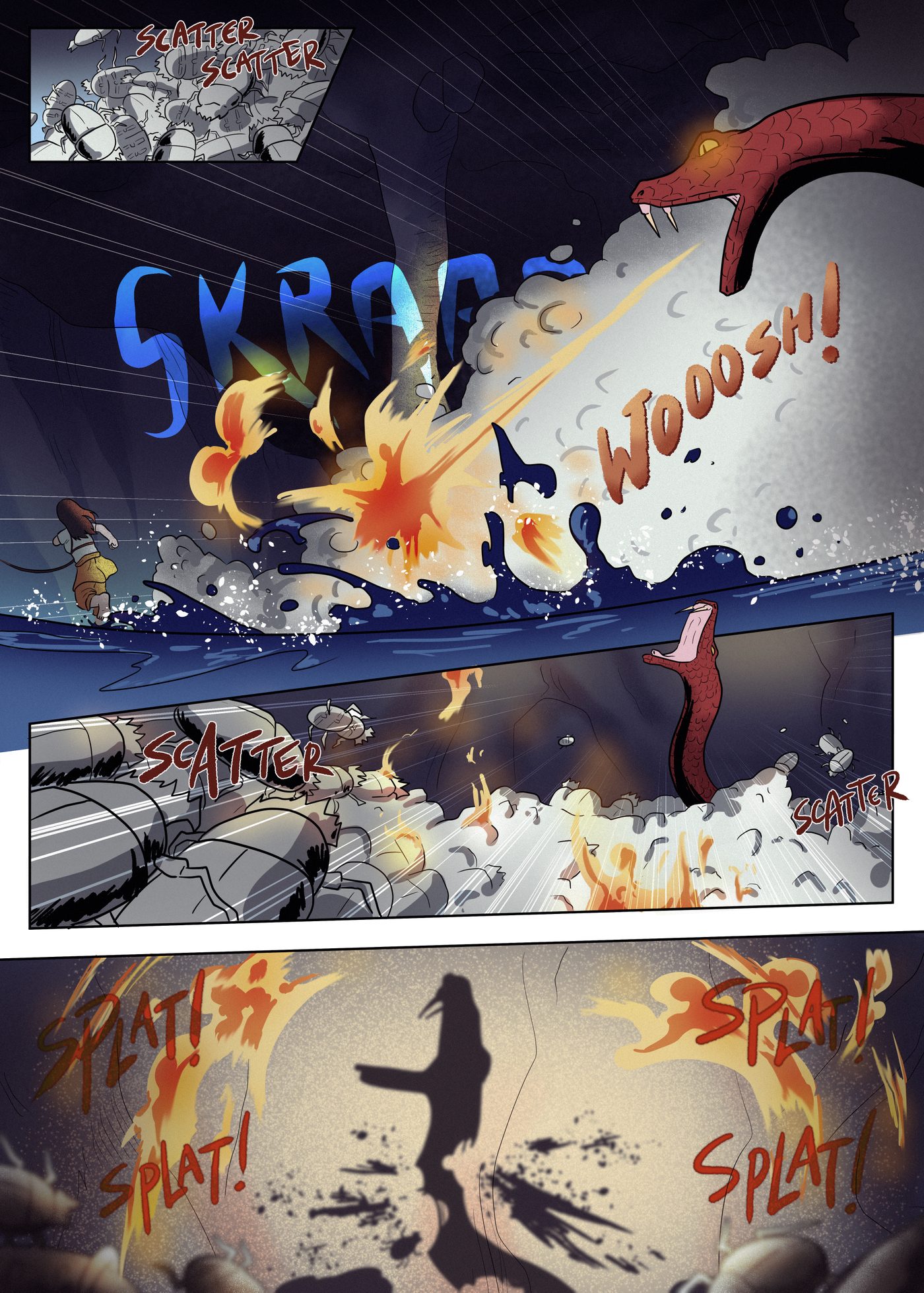 Chapter 1, page 7: Beetles scatter as the serpent rears back from an explosion of fire and spray; a silhouetted figure is spattered amid splats.