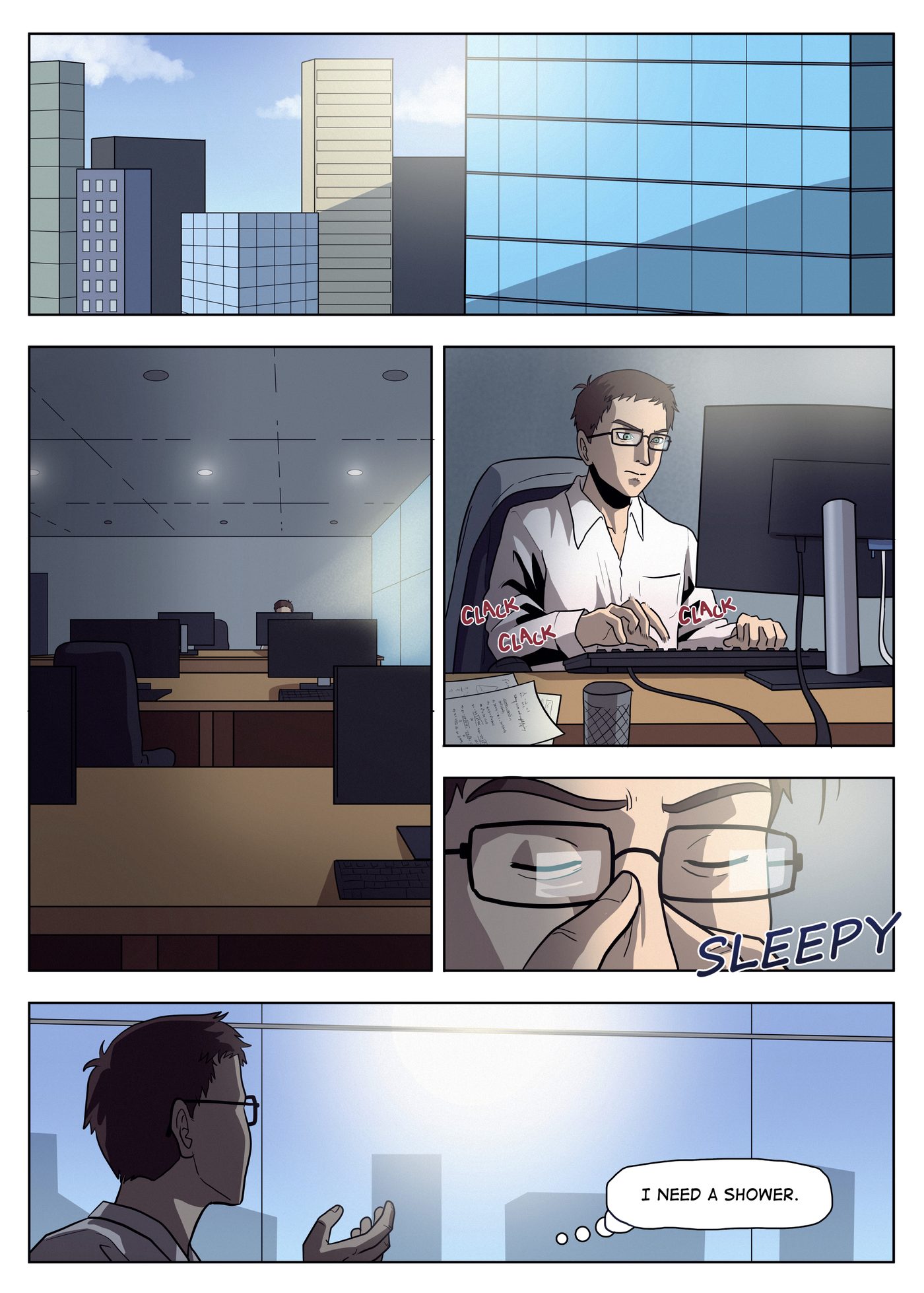 Chapter 2, page 1: In a sunlit office tower, Garai types alone at his desk, rubs his tired eyes, and gazes out the window at the city.