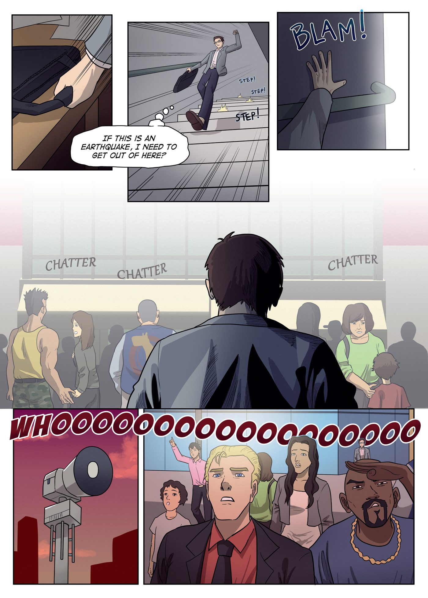Chapter 2, page 3: Garai grabs his bag, runs down the stairs and out into a crowd on the street, where people stare up as a siren blares.