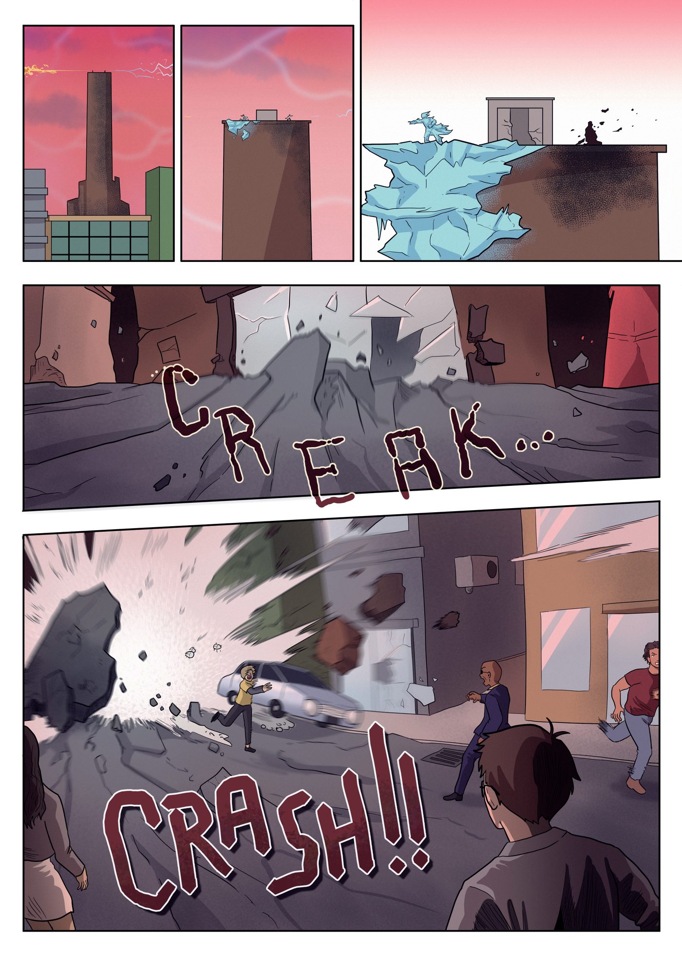 Chapter 2, page 4: Ice spreads across a rooftop under a red sky as a tower creaks and collapses; rubble crashes into the street while people flee past Garai.