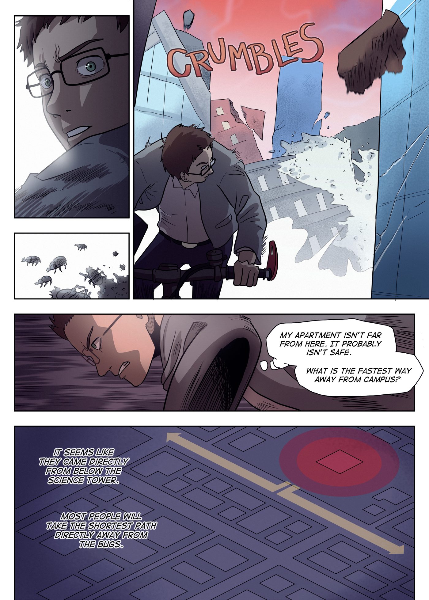 Chapter 2, page 6: Garai glances back while biking as a building collapses behind him, scarab bugs swarm, and he pictures a map of the city.