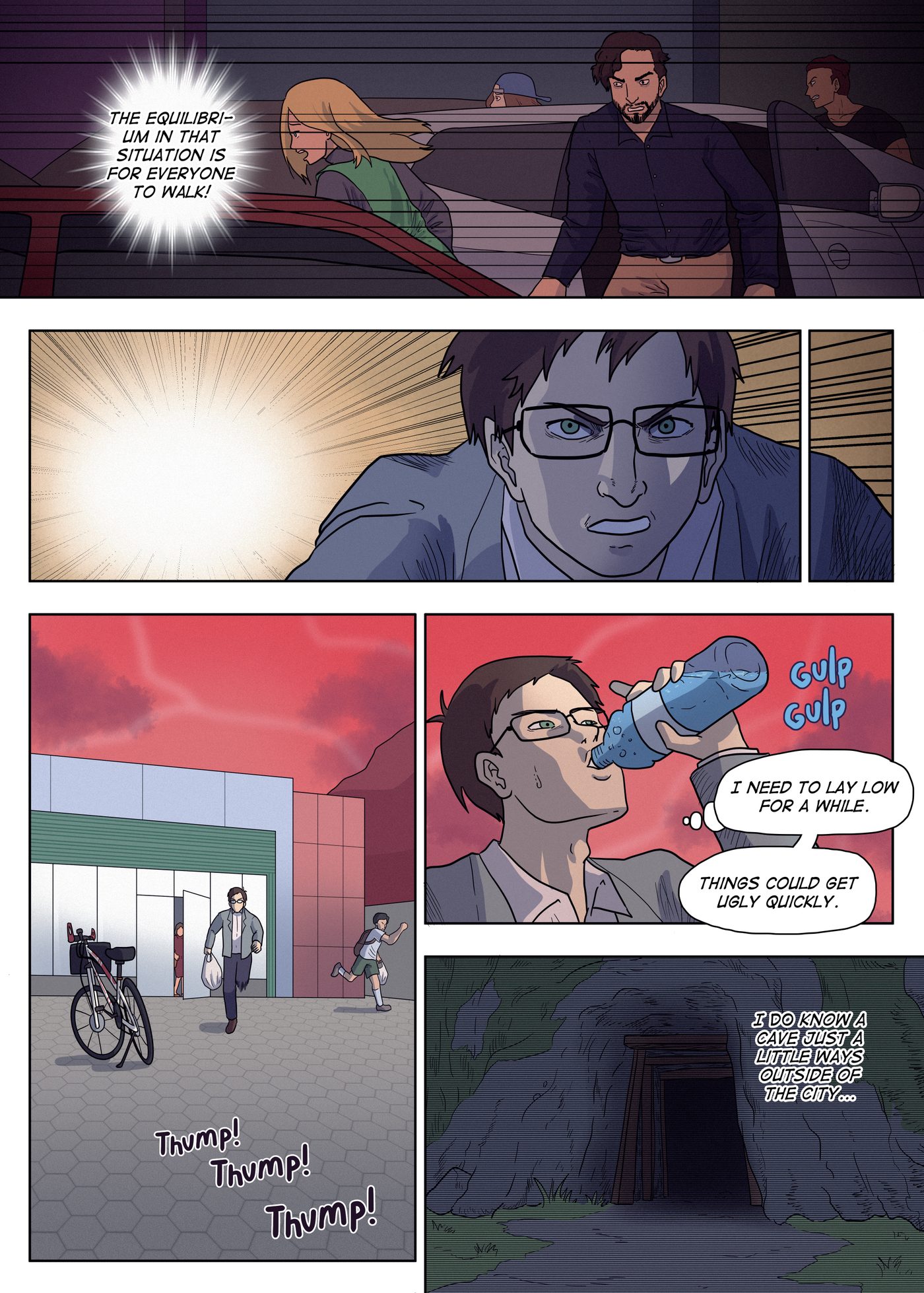 Chapter 2, page 8: Drivers abandon their cars in a jam; Garai leaves a store with supplies, drinks water, and thinks of a cave outside the city.