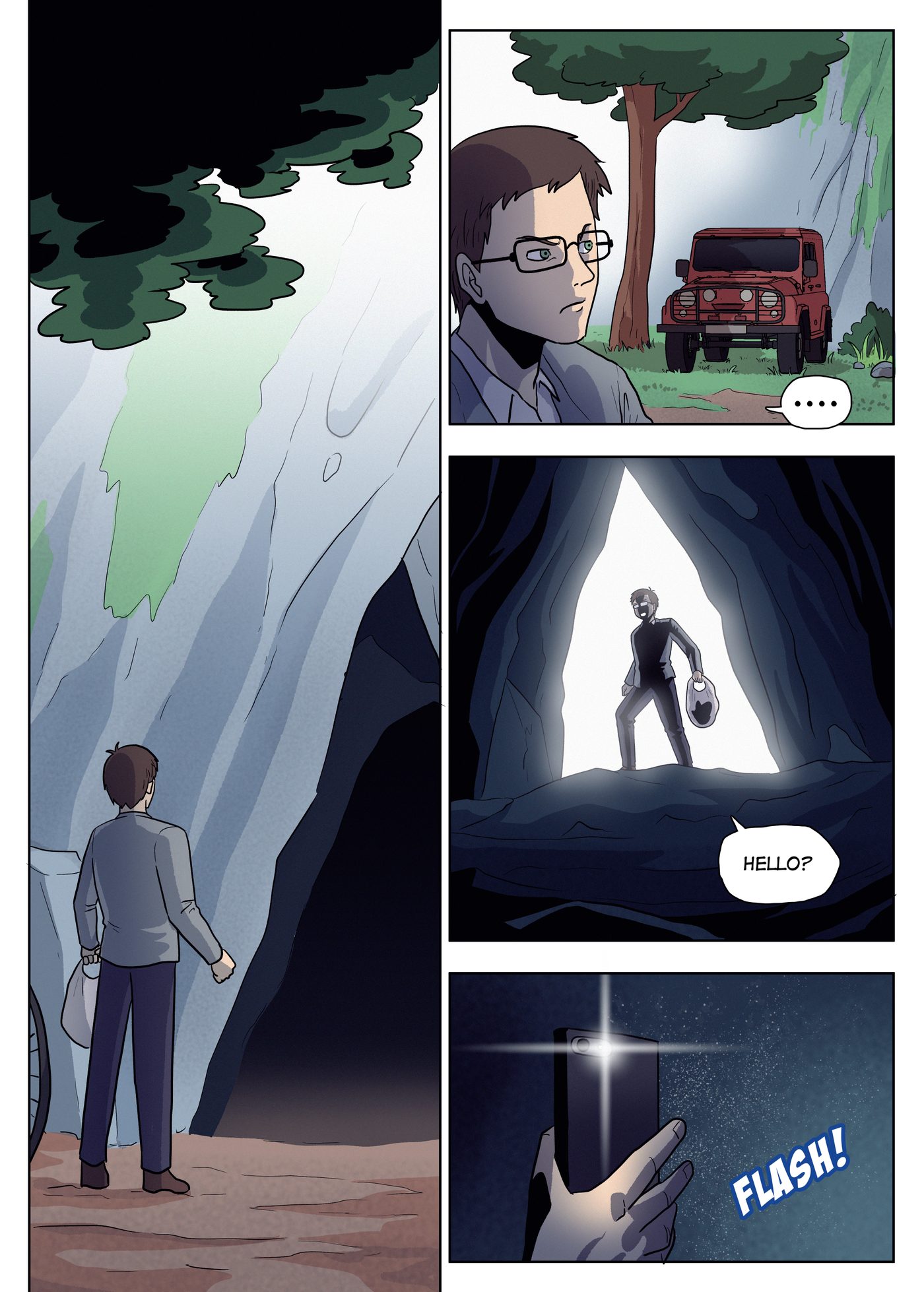 Chapter 3, page 1: Garai arrives at a cave mouth in the forest, notices a red jeep parked under a tree, and enters the cave using his phone light.