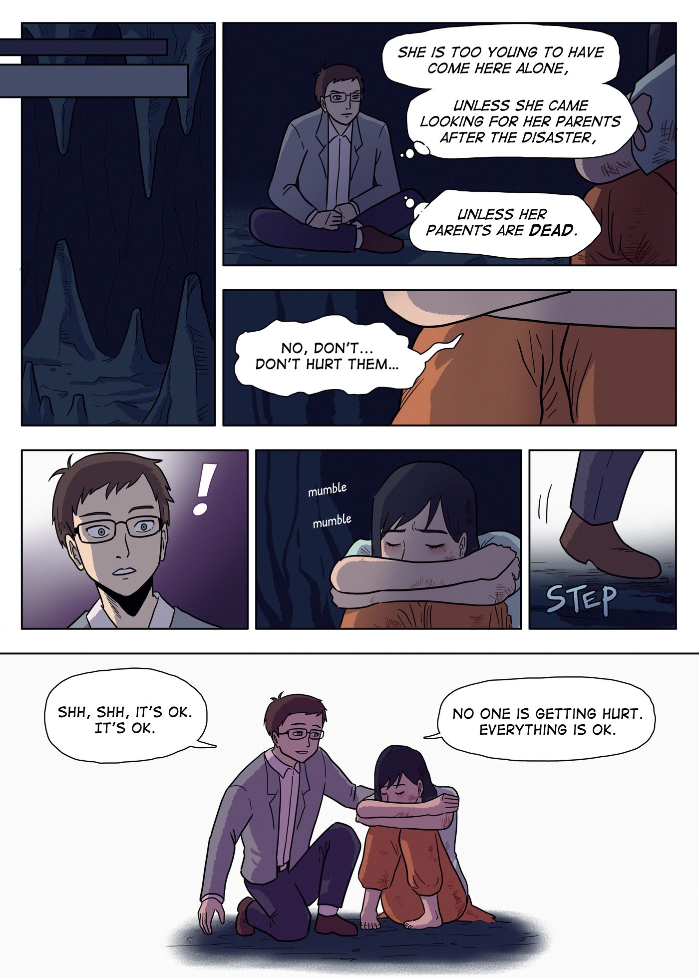 Chapter 3, page 5: Garai wonders why the girl is alone, hears her mumble in her sleep, and kneels beside her with a hand on her shoulder to comfort her.