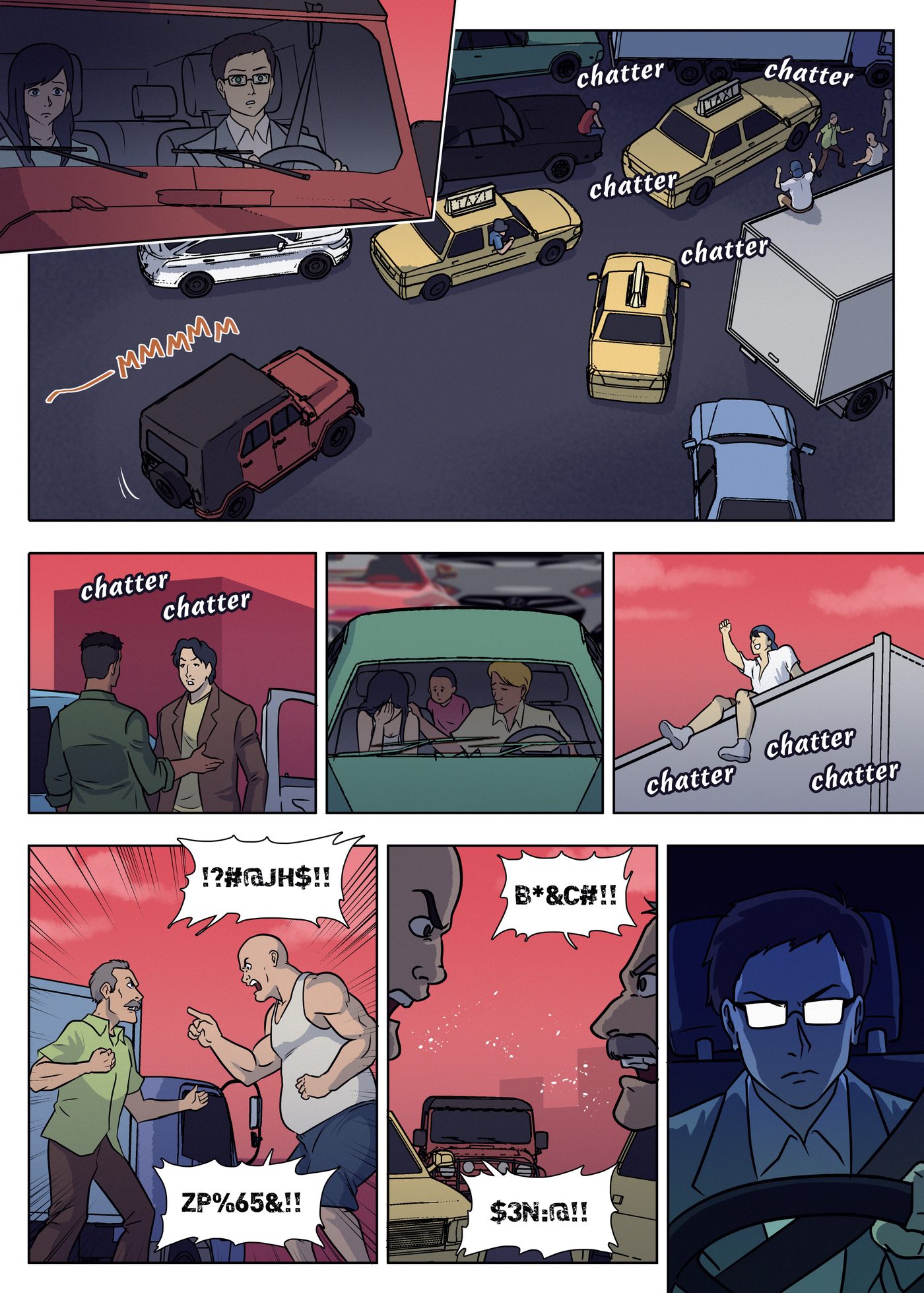 Chapter 3, page 11: The jeep is stuck in a gridlock of chattering people, two men scream obscenities at each other, and Garai glares from behind the wheel.