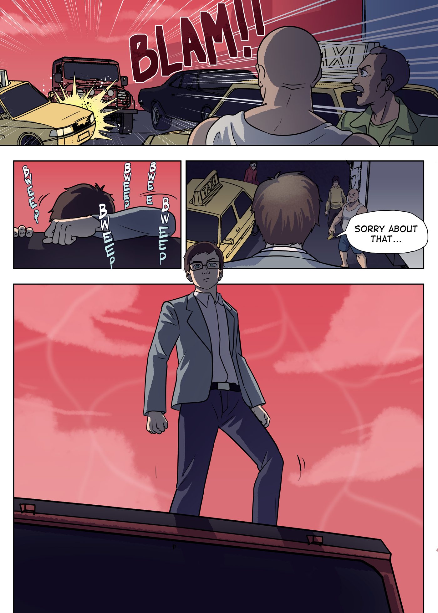 Chapter 3, page 12: Garai rams the jeep into a taxi, leans on the horn, apologizes to the shocked men, then stands atop the jeep with fists clenched.