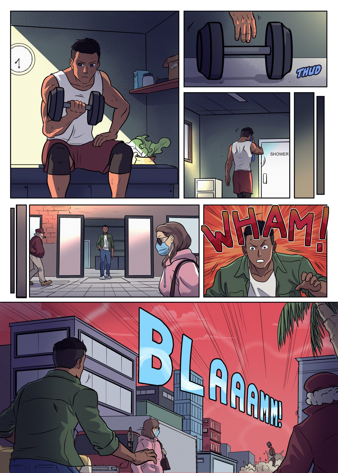 Chapter 4, page 1: Hondo lifts weights in his room, showers, walks out onto the street past masked pedestrians, and is startled by a huge blast in the city.