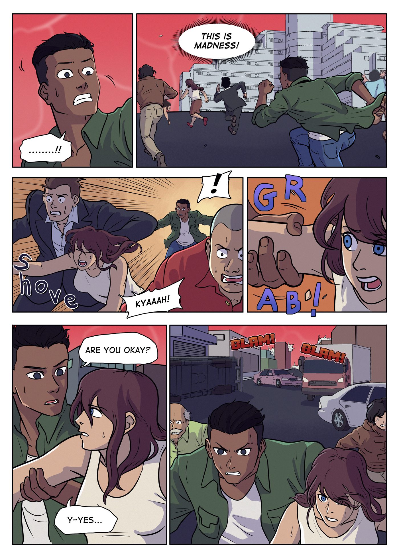 Chapter 4, page 5: Hondo runs with a fleeing crowd, catches a red-haired woman who was shoved down, and looks toward crashing vehicles ahead.