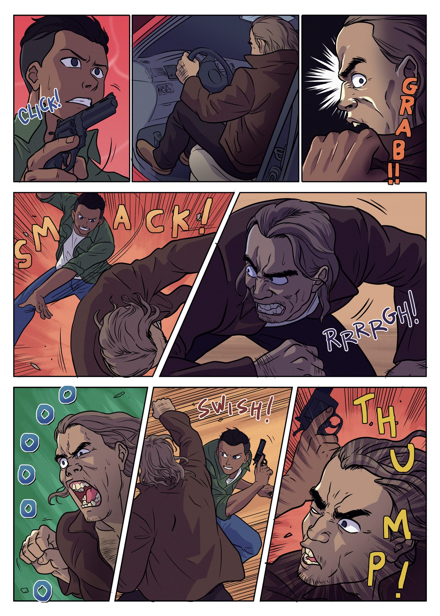 Chapter 4, page 7: Hondo cocks his revolver, drags the carjacker out of the driver's seat and fights him, dodging a punch and striking him with the gun.