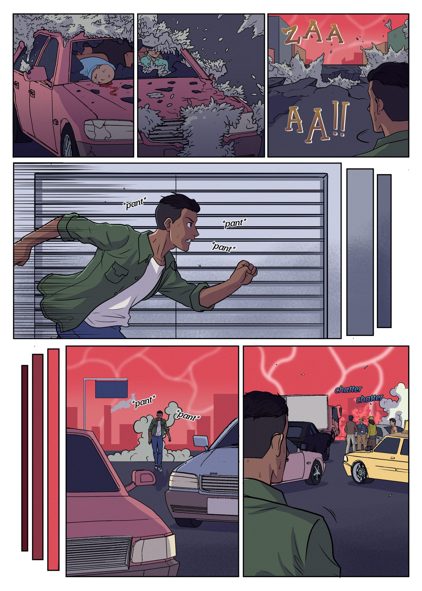 Chapter 4, page 9: Hondo passes a wrecked car with a dead man inside as beetles swarm it, then runs panting down the street toward a group of survivors.