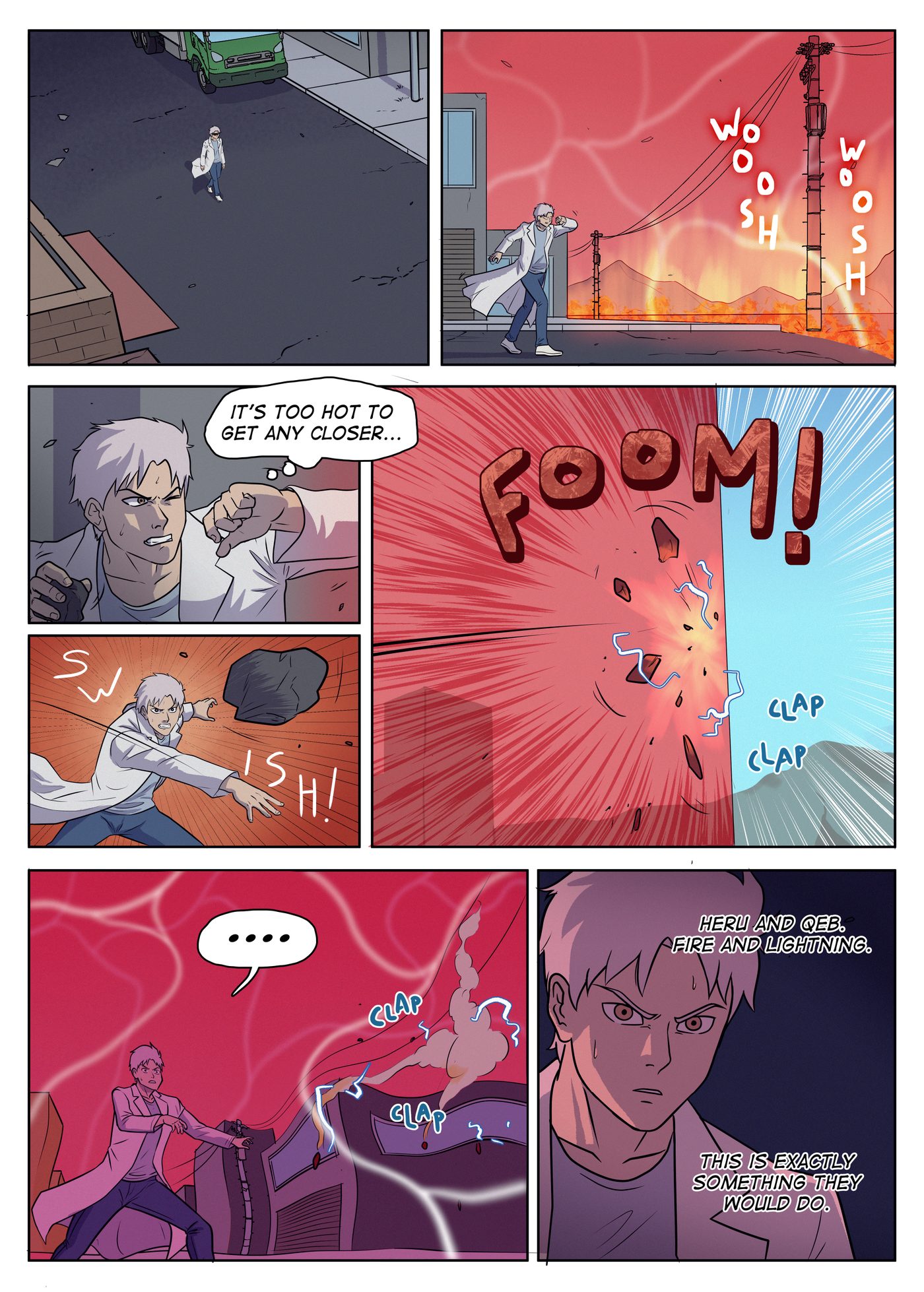 Chapter 5, page 4: Ishaq approaches a wall of fire at the city's edge, throws a rock that explodes against the dome, and realizes Heru and Qeb are behind it.