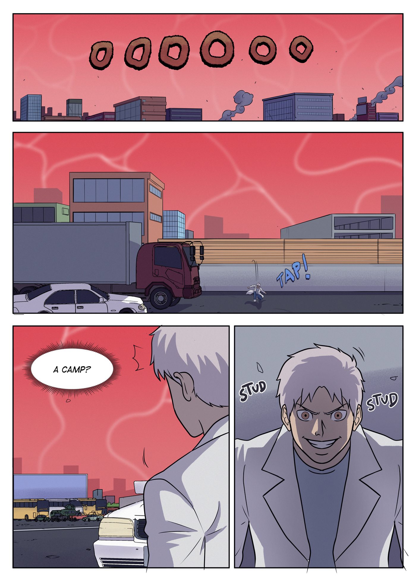Chapter 6, page 1: Under the red dome Ishaq drops from a wall beside a truck, spots the survivors' camp in the distance and grins as he walks toward it.