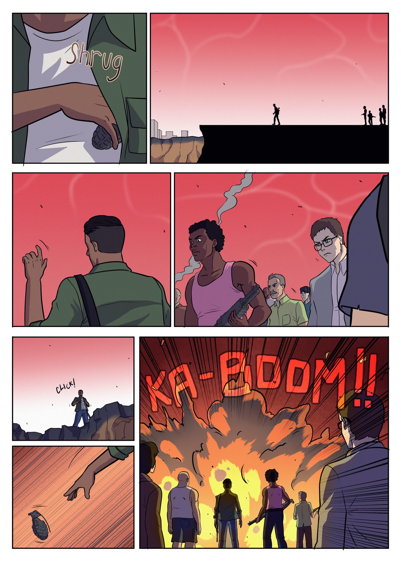 Chapter 6, page 5: Hondo pulls a grenade from his jacket, walks to the edge of a cliff, pulls the pin and throws it, setting off a huge explosion.