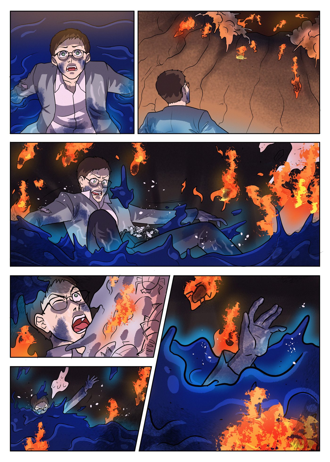 Chapter 6, page 9: Garai surfaces in dark water as burning scarabs rain down from the cliff above; a flaming scarab lands on him and he is dragged under.