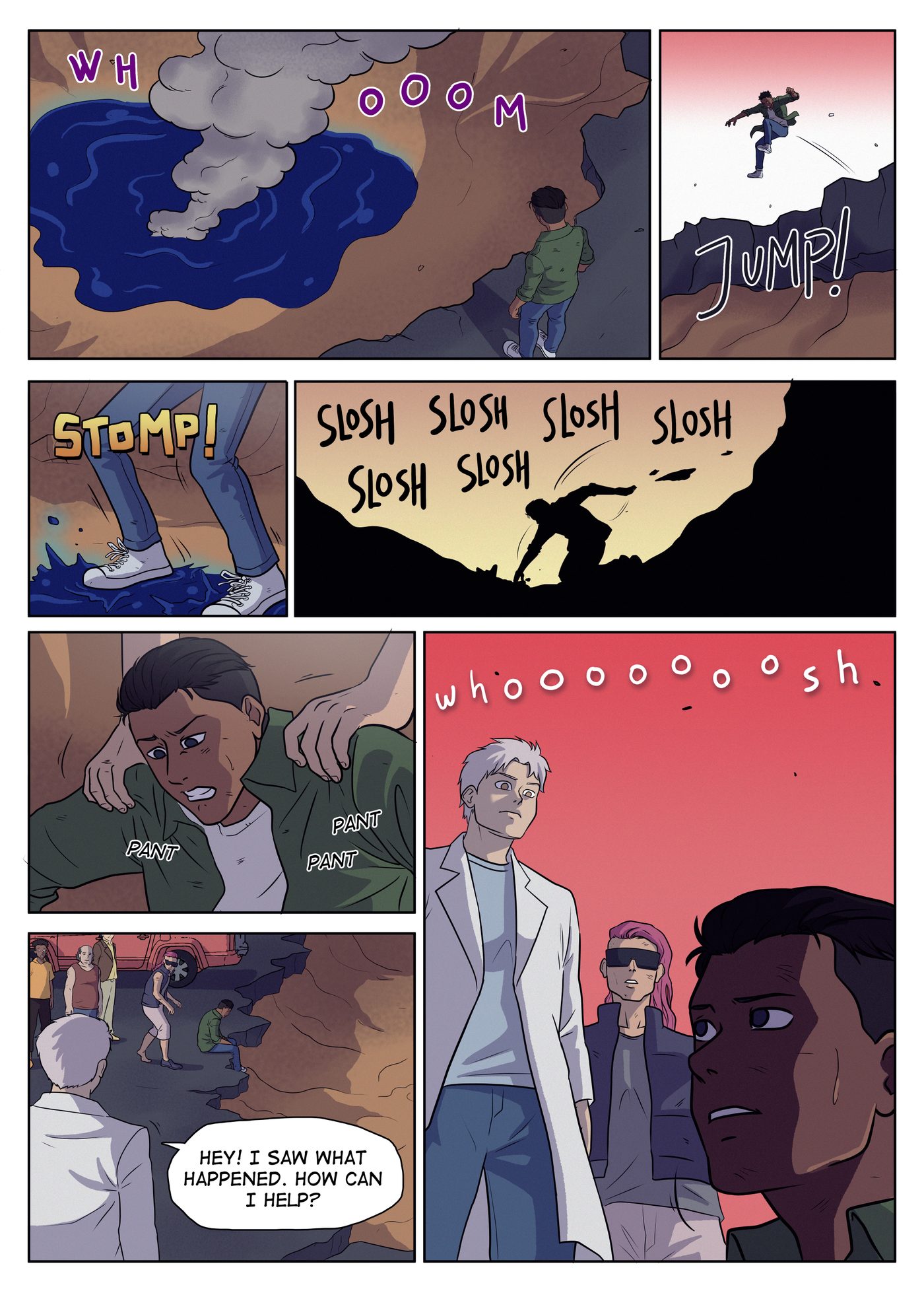Chapter 6, page 10: Hondo watches smoke rise from the pool, leaps the gap, and collapses panting; Ishaq approaches the exhausted group and offers to help.