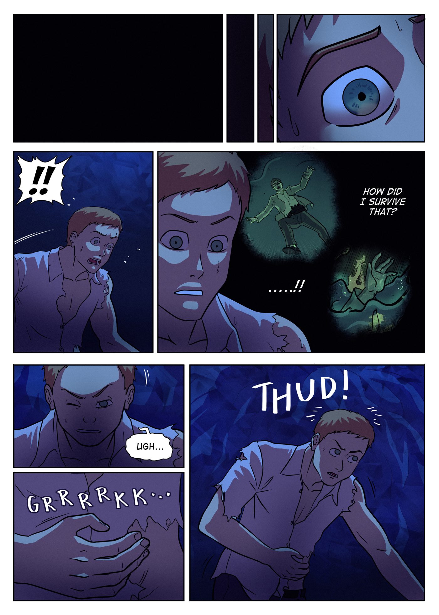 Chapter 7, page 1: Garai wakes in darkness with his shirt torn, recalling his fall into the water, and clutches his stomach in pain.