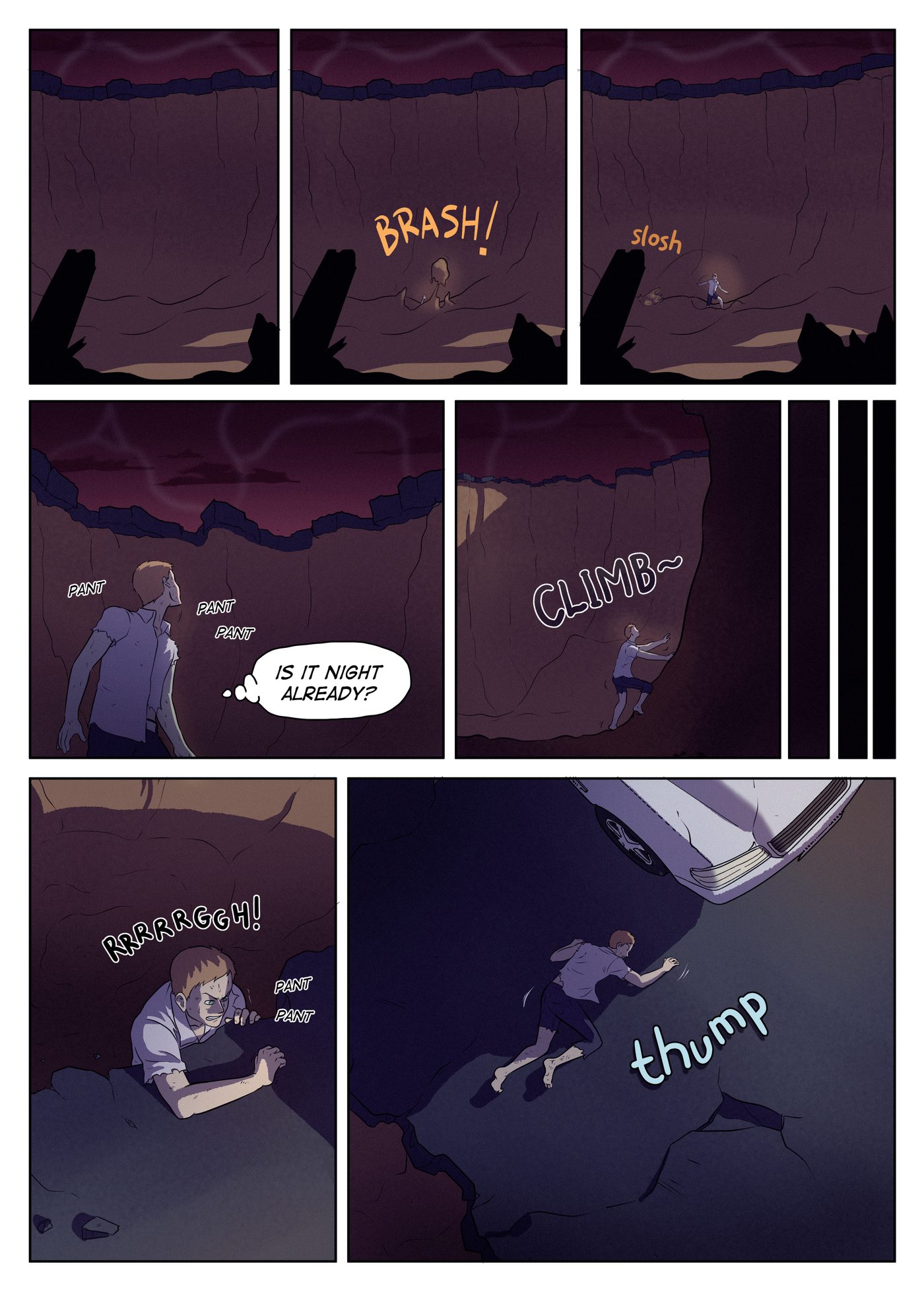 Chapter 7, page 9: A man crawls out of a mud pit under a lightning-lit sky, climbs a cliff face, and collapses on the ground beside a wrecked car.