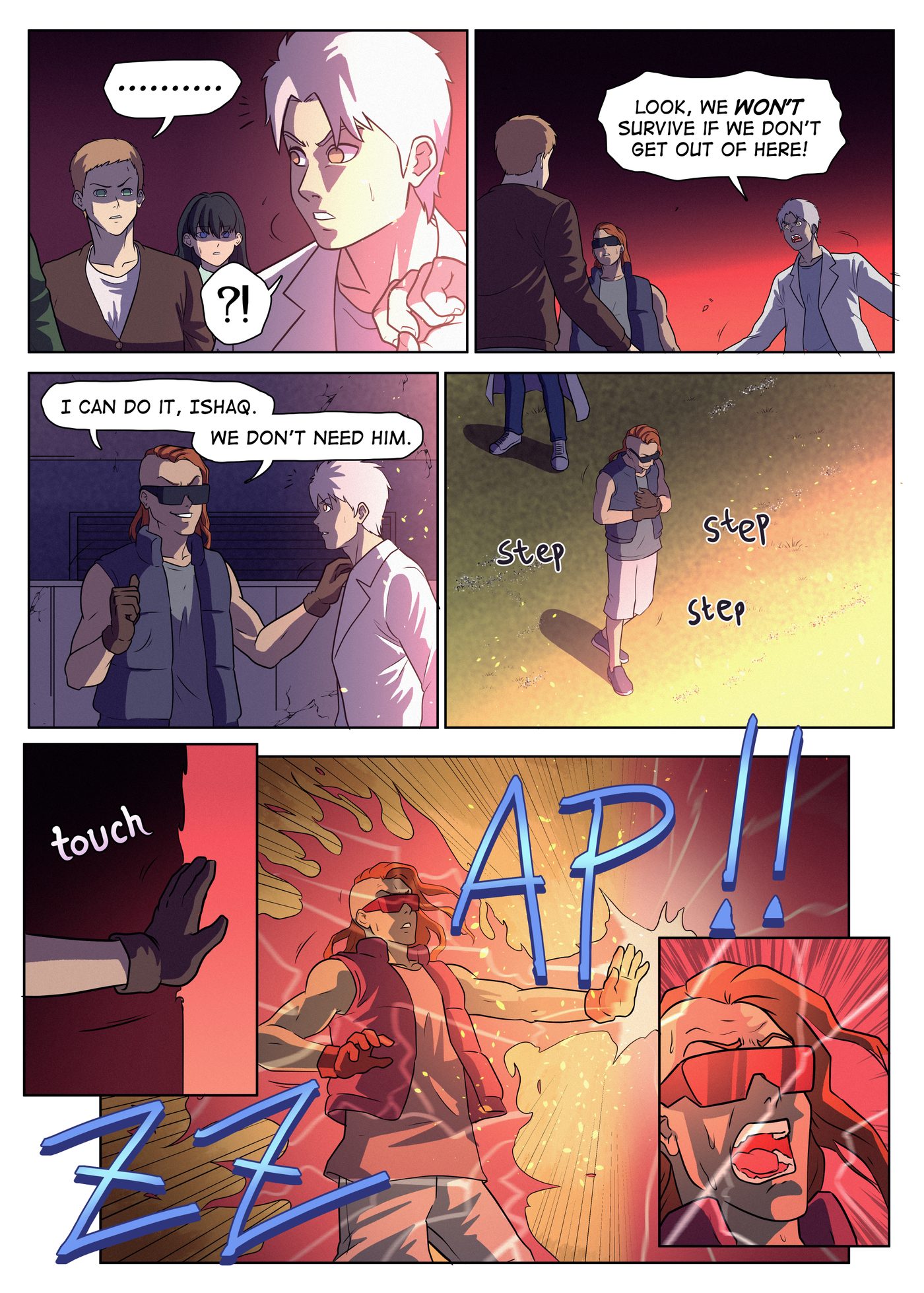 Chapter 8, page 2: Tarek, a red-haired man in sunglasses, volunteers over Ishaq's objection and presses his hand to the wall, which erupts with energy.