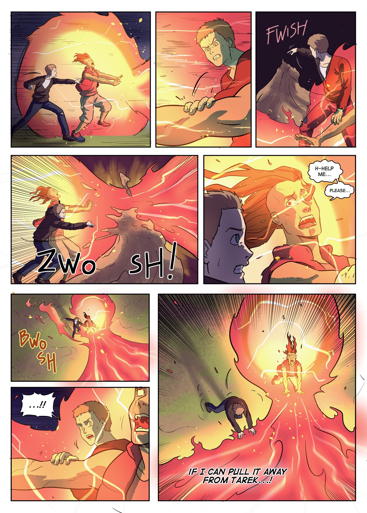 Chapter 8, page 5: Garai grabs Tarek's arm inside the blazing sphere; Tarek begs for help as Garai tries to pull the energy away from him.