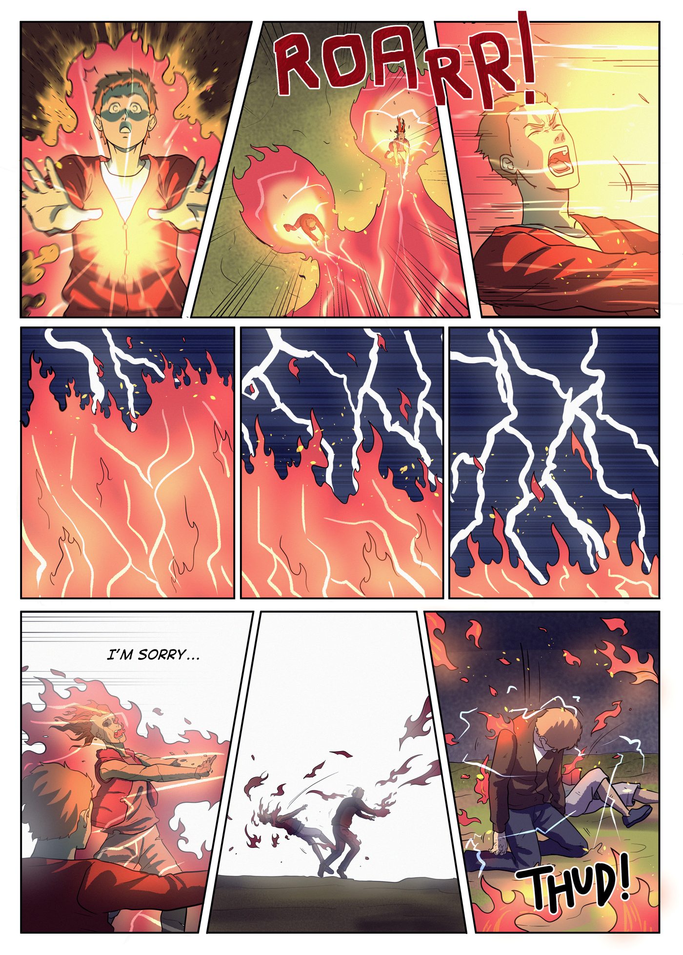 Chapter 8, page 6: Garai absorbs the fire and lightning from Tarek; the wall shifts, Tarek is flung away, and Garai collapses to the ground.