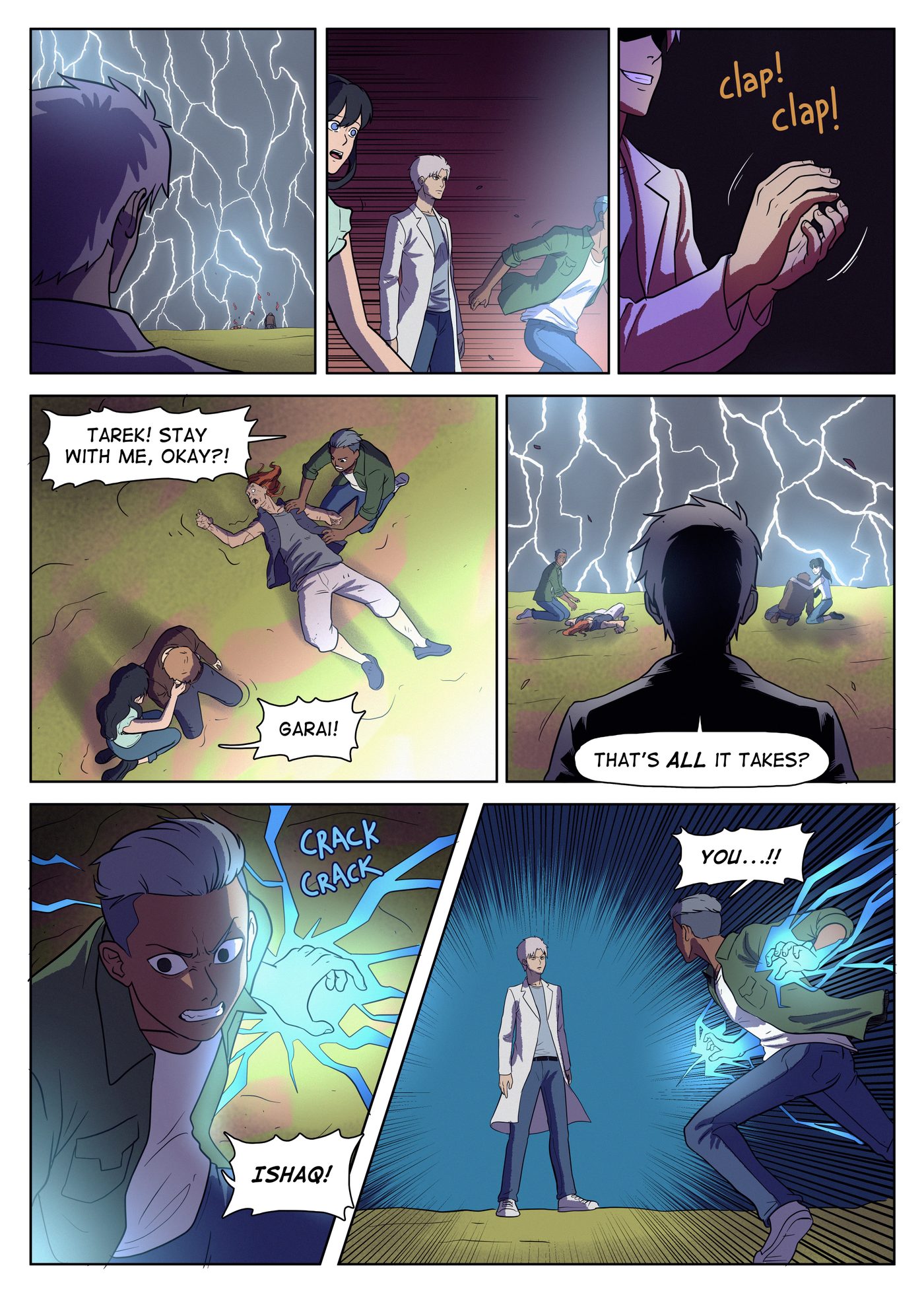 Chapter 8, page 7: Ishaq claps as Hondo and Lily rush to the fallen Tarek and Garai; Hondo turns on Ishaq with lightning in his hand.