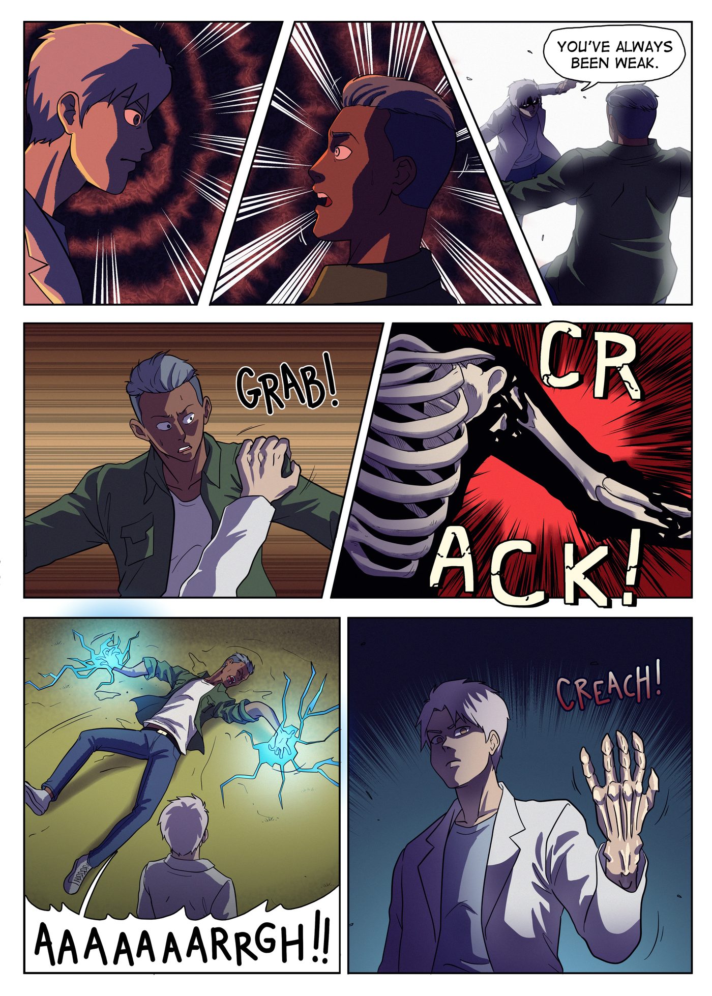 Chapter 8, page 8: Ishaq taunts Hondo, grabs him, and with a sickening crack drops him screaming to the grass, then flexes a skeletal hand.