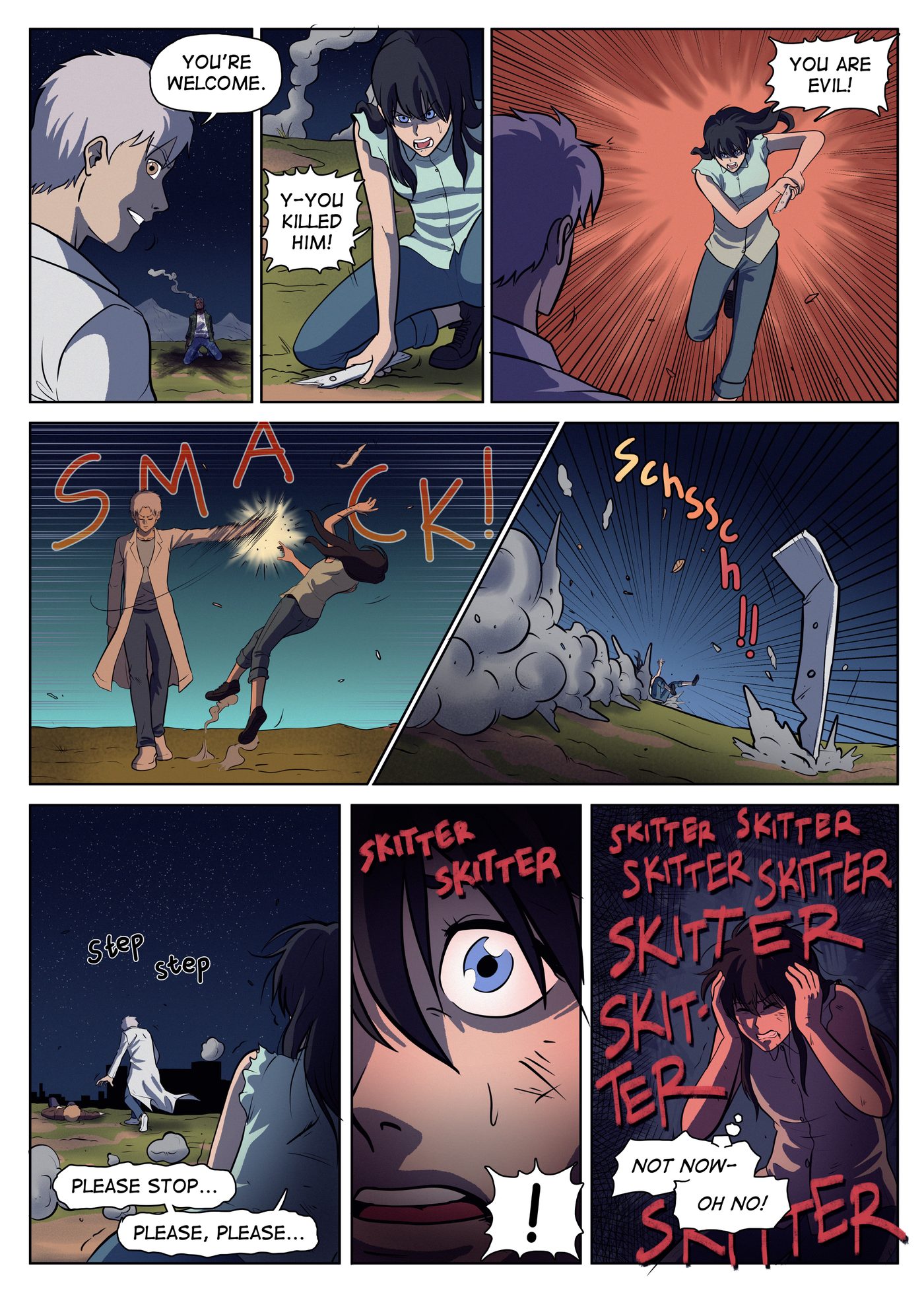 Chapter 8, page 11: Ishaq smirks at a smoking Hondo, Lily lunges at him with a knife, he backhands her into a rock, then she clutches her head as skittering sounds close in.