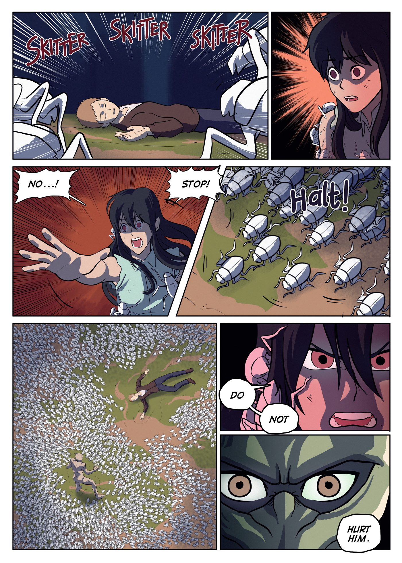 Chapter 8, page 13: Scarabs swarm past a man lying on the ground, Lily reaches out and screams for them to stop, and Ishaq stares coldly at the field of white scarabs.
