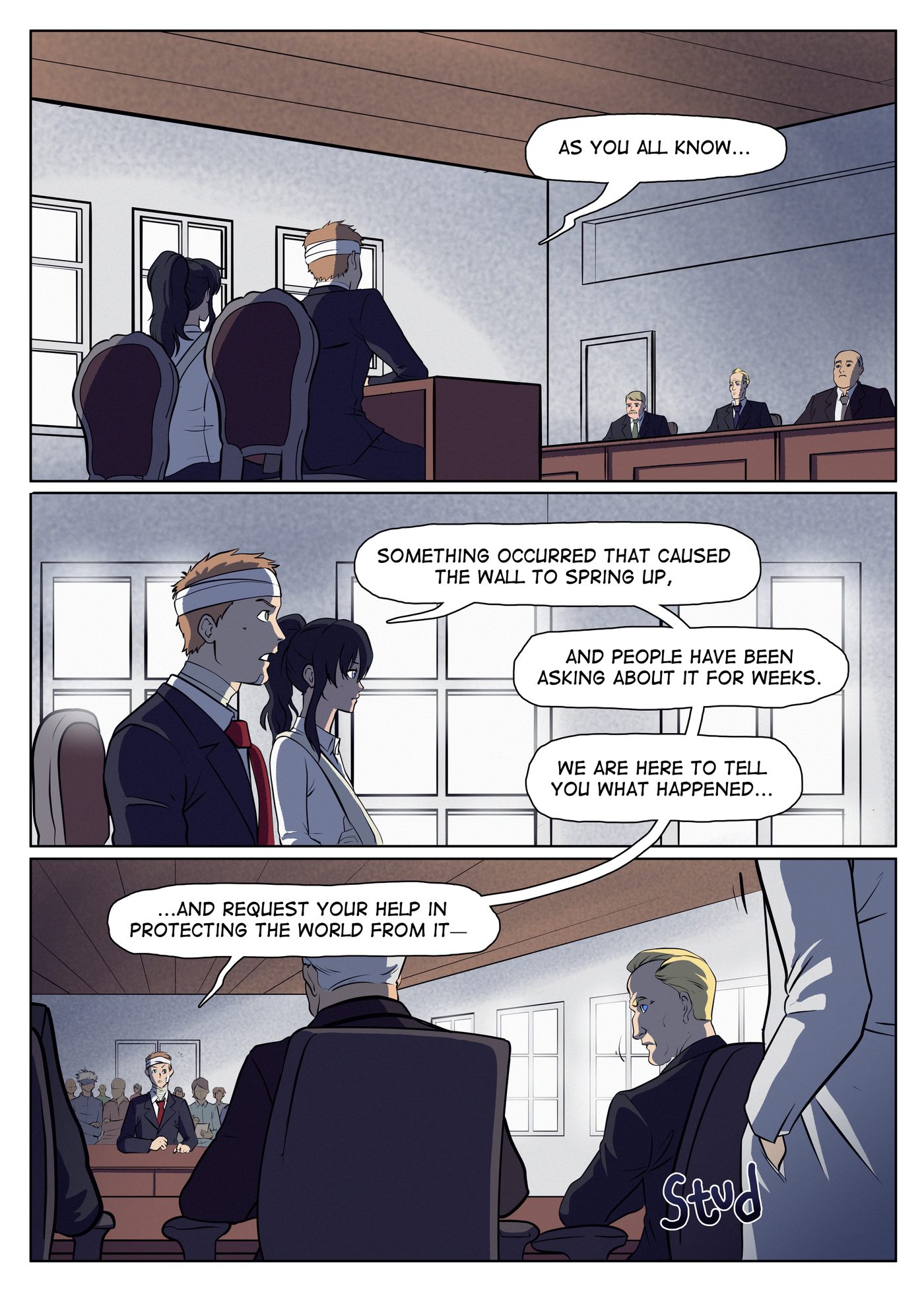 Chapter 9, page 2: The bandaged man and Lily sit before a panel of officials in a hearing room while a blond man in the audience listens.
