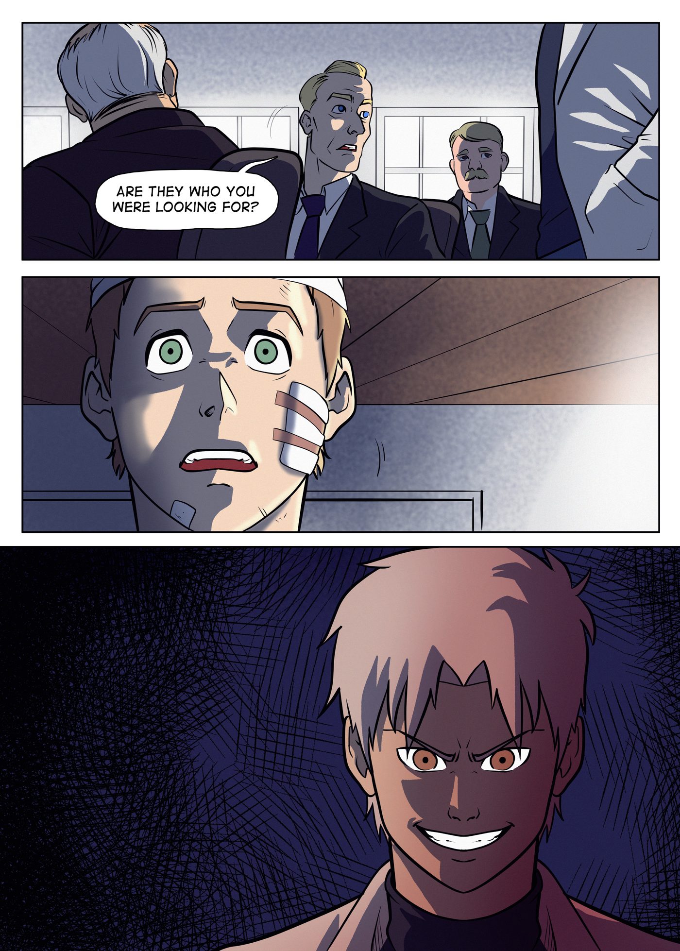 Chapter 9, page 3: Officials ask a question, the bandaged man's eyes go wide with shock, and Ishaq grins wickedly in the dark.