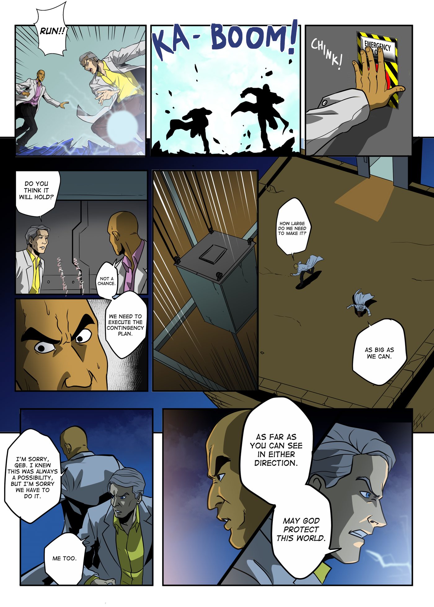 Prologue, page 3: Heru and Qeb flee an explosion, seal an emergency lock, and grimly agree to a contingency plan while riding a lift up a tall shaft.