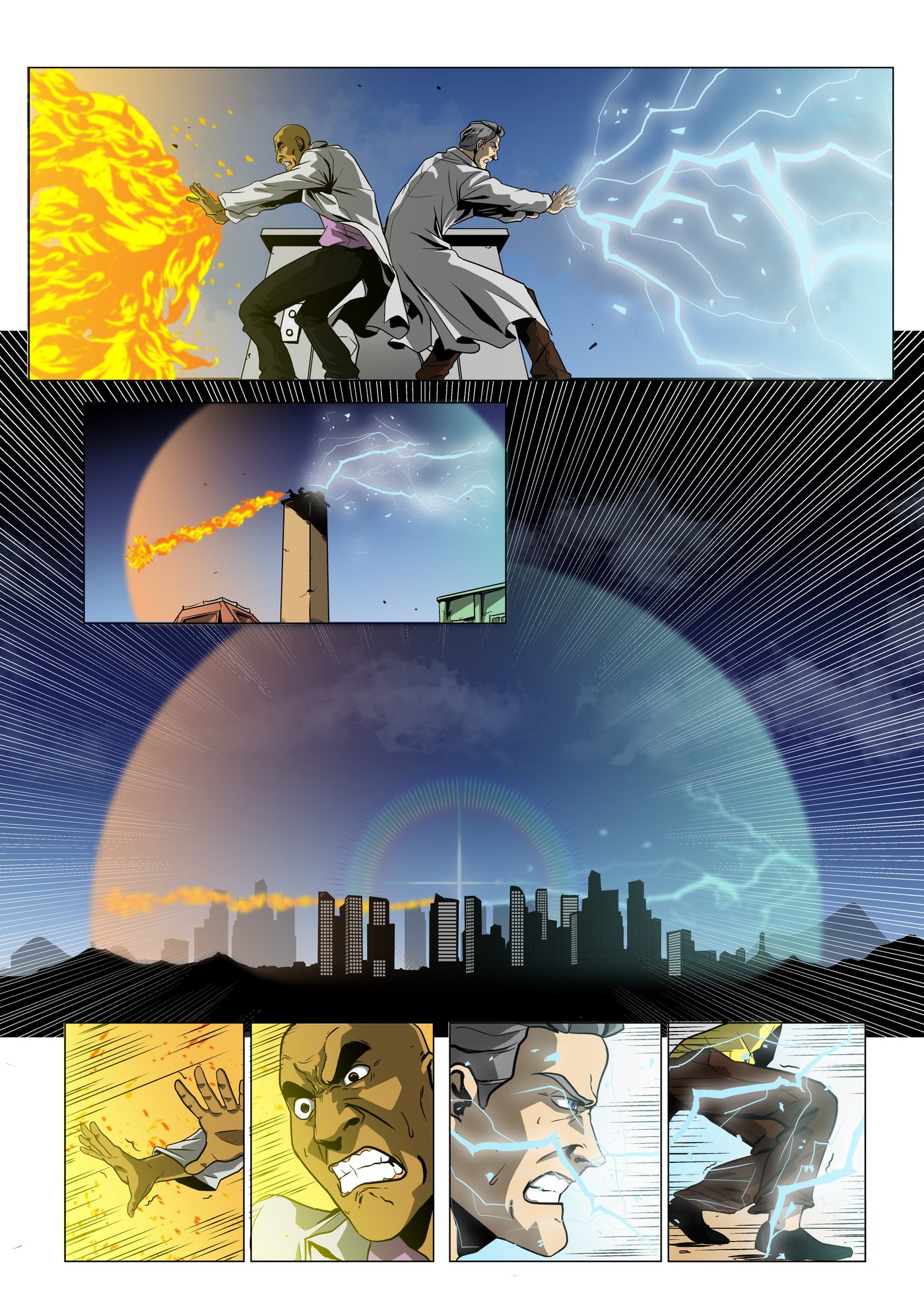 Prologue, page 4: Standing back to back on a rooftop, Heru unleashes fire and Qeb lightning, forming a huge glowing dome over the city skyline as they strain.