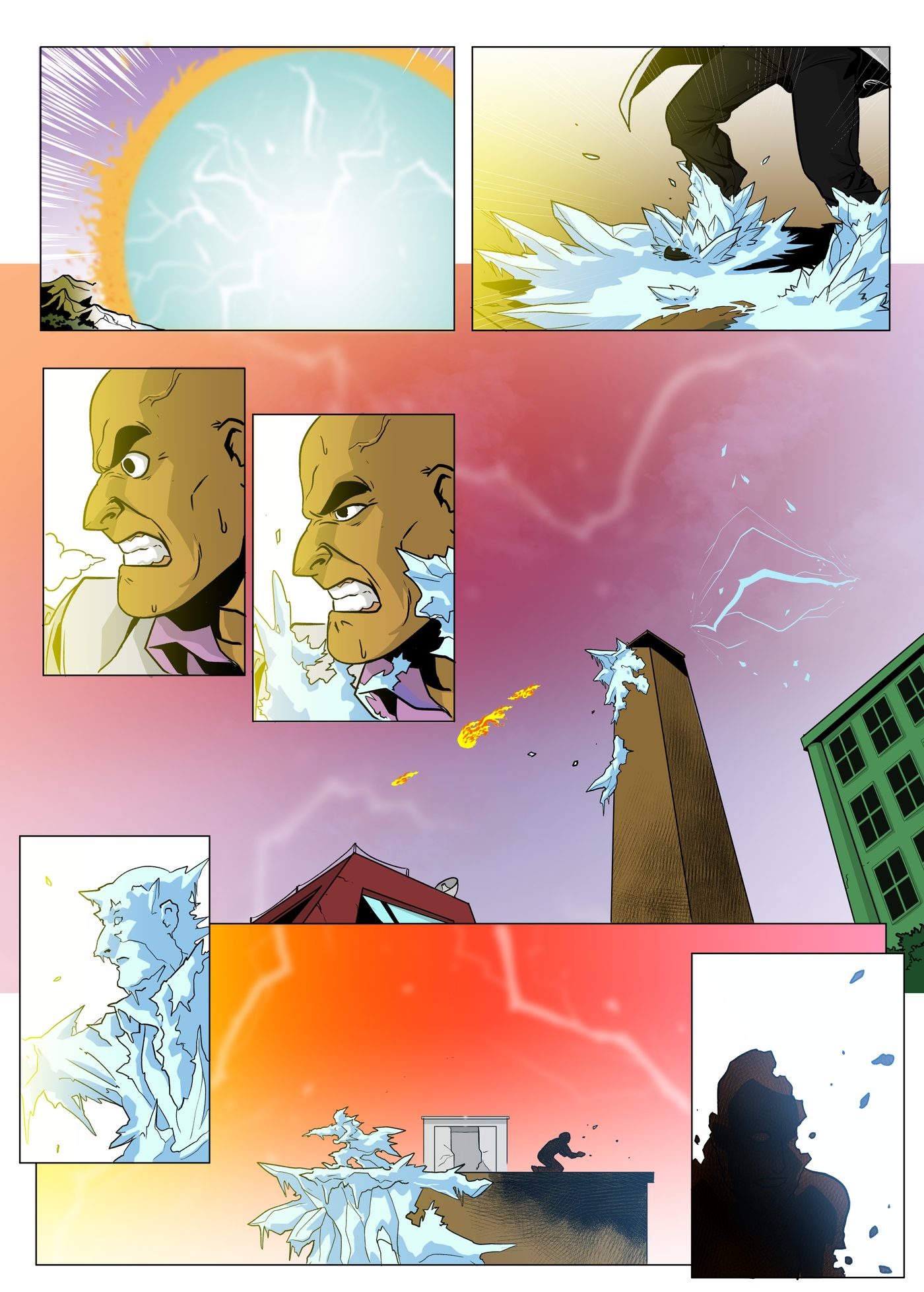 Prologue, page 5: The dome flares white; ice crystals spread up Heru's body as fire and lightning fade over the city, leaving a frozen figure and a dark silhouette on a roof.